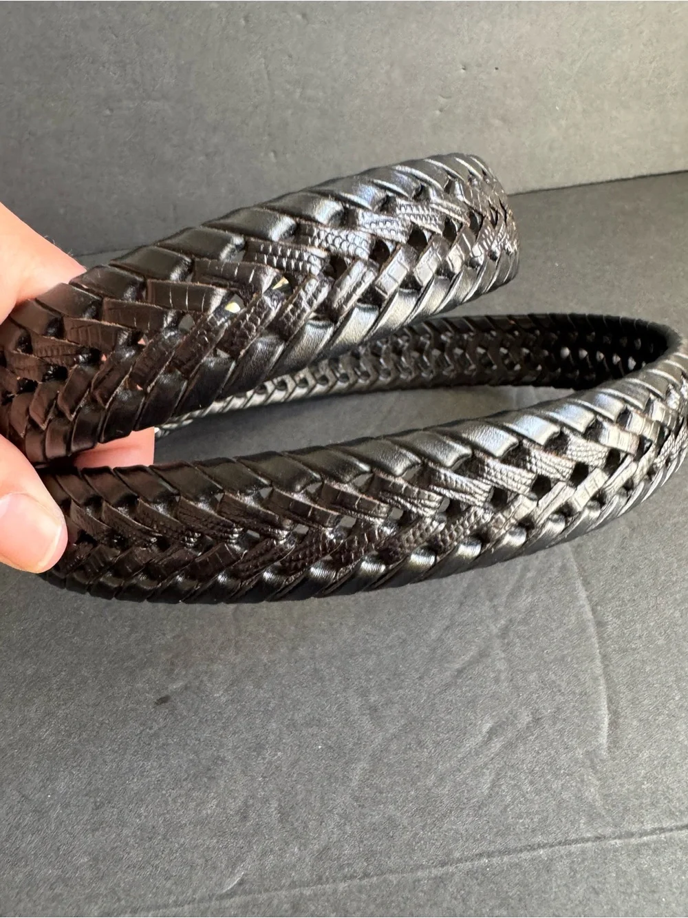 Vintage Black Woven Leather Belt Braided Silver Tone Buckle Unisex Mens 38